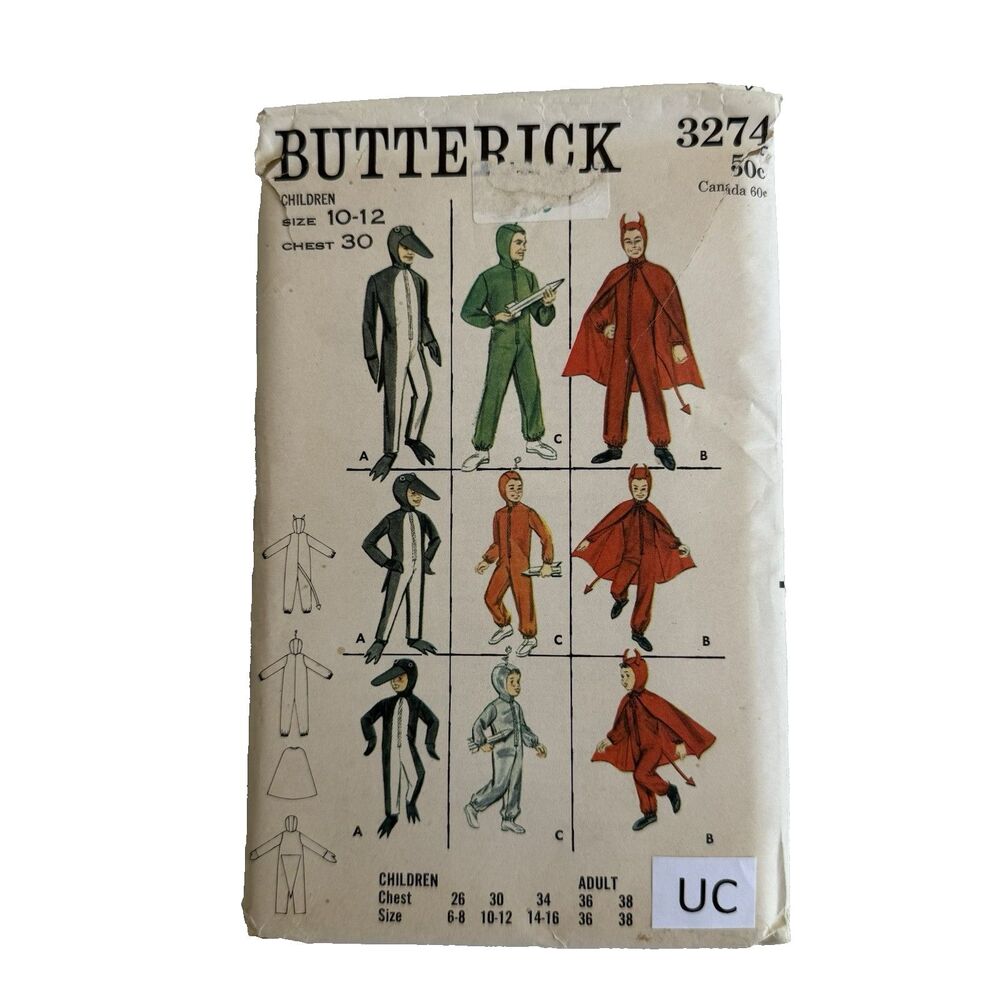 Vtg Halloween Butterick 3274 Costume Sewing Pattern Penguin Devil Alien 10-12